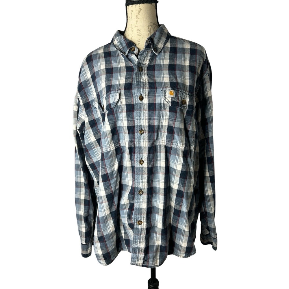 Carhartt Shirt Mens XLarge Blue Gray Plaid Flannel Long Sleeve Relaxed Fit